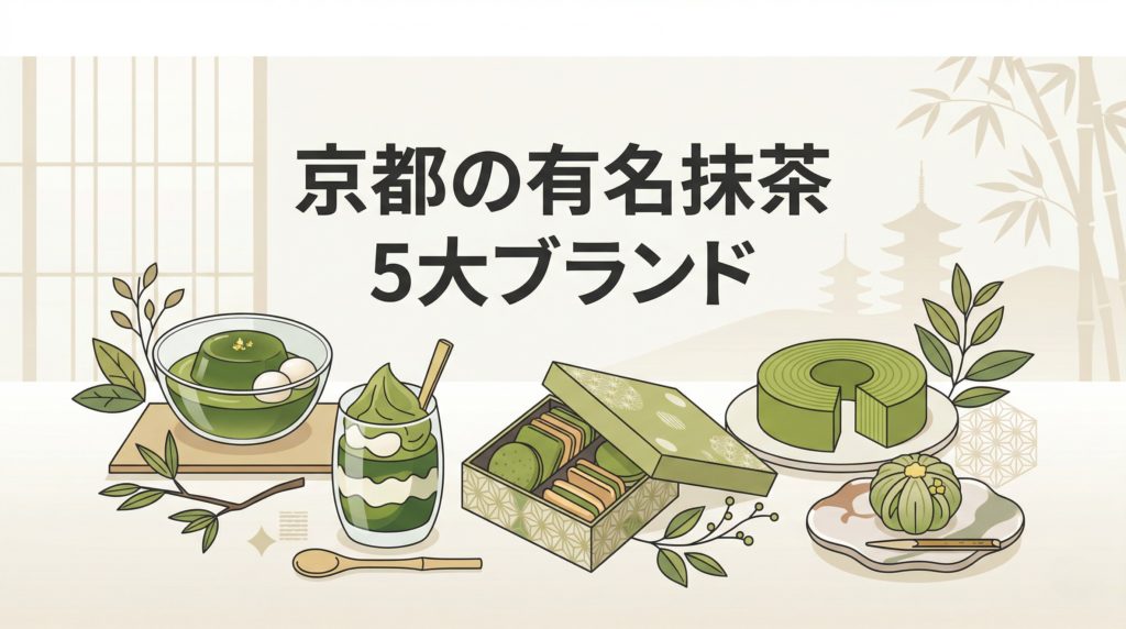 京都の有名抹茶スイーツ5大ブランドをテーマにした文字入りスライド画像